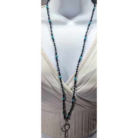 Black And Faux Turquoise Glass Beaded Lanyard - Picture 2 of 5